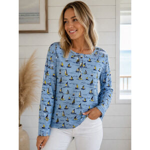 Classic Whimsy Nautical Sailboat Henley Top Women's Small Blue Coastal Cotton